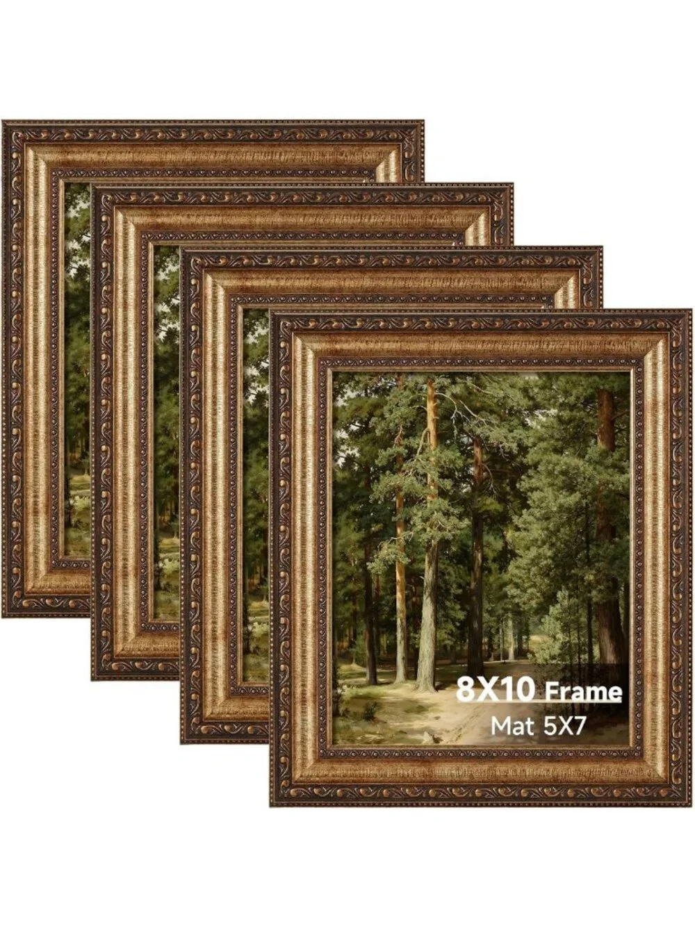 Vintage Gold Picture Frames Set of 4, 8x10 with Matted 5x7 Prints, Home Decor